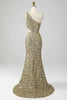 Load image into Gallery viewer, Sparkly Golden Mermaid One Shoulder Cut Out Long Prom Dress With Slit