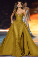 Load image into Gallery viewer, Queendancer Women Sparkly Dark Red Sequin Long Pageant Dress Strapless Satin A Line Ball Gown Gala Dress with Cape