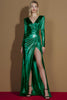 Load image into Gallery viewer, Glitter Golden Metallic Ruched V-Neck Long Sleeves Gala Dress with Slit
