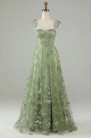 Load image into Gallery viewer, A Line Green Corset Long Tulle Prom Dress with 3D Butterflies Split Front