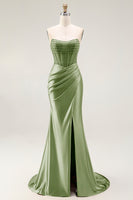 Load image into Gallery viewer, Sparkly Blush Strapless Ruched Mermaid Satin Long Prom Dress with Slit