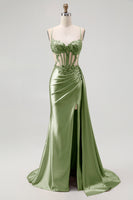 Load image into Gallery viewer, Sparkly Champagne Mermaid Spaghetti Straps Ruched Long Prom Dress with Beading