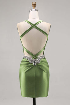Sparkly Green Satin Corset Tight Short Homecoming Dress with Beading