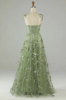 Load image into Gallery viewer, A Line Green Corset Long Tulle Prom Dress with 3D Butterflies Split Front