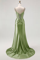 Load image into Gallery viewer, Sparkly Blush Spaghetti Straps Satin Mermaid Beaded Long Corset Prom Dress