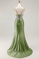 Load image into Gallery viewer, Sparkly Grey Pink Satin Mermaid Ruched Long Corset Prom Dress with Slit
