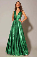 Load image into Gallery viewer, Sparkly Metallic Gold A-Line Pleated V-Neck Long Formal Dress