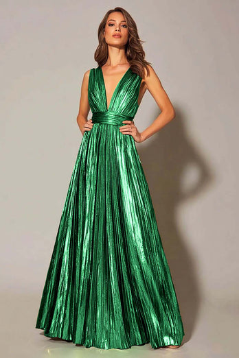 Sparkly Metallic Gold A-Line Pleated V-Neck Long Formal Dress