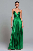Load image into Gallery viewer, Sparkly Gold Pleated A-Line Metallic Spaghetti Straps Long Formal Dress