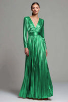 Load image into Gallery viewer, Sparkly Gold Metallic Pleated V-Neck A-Line Long Sleeves Formal Dress