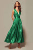 Load image into Gallery viewer, Queendancer Women Sparkly Gold Metallic Long Formal Dress Pleated V-Neck A-Line Ankle Length Holiday Party Dress