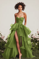 Load image into Gallery viewer, Queendancer Women Green Chiffon Long Formal Dress with Slit Strapless Tiered Sweetheart Ruched Prom Dress with Ruffles