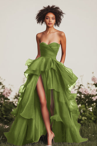 Green Ruched Tiered Strapless Long Formal Dress with Slit