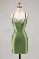 Load image into Gallery viewer, Sparkly Green Satin Corset Tight Short Homecoming Dress with Beading