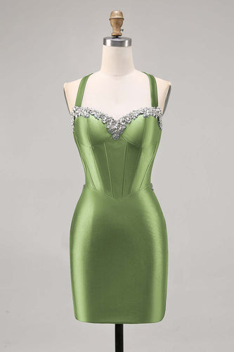 Sparkly Green Satin Corset Tight Short Homecoming Dress with Beading