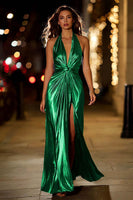 Load image into Gallery viewer, Sparkly Metallic Gold Halter Sheath Ruched Long Formal Dress with Slit