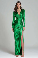 Load image into Gallery viewer, Sparkly Gold Sheath Metallic V-Neck Long Sleeves Formal Dress with Slit