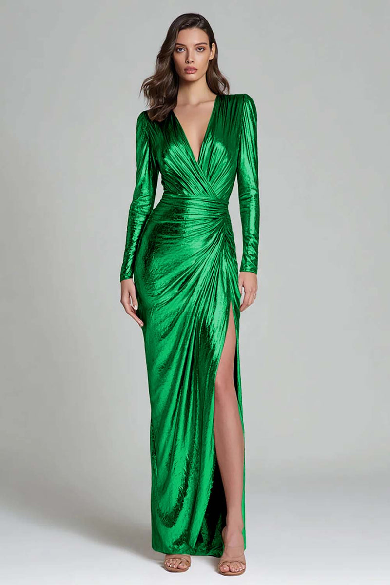 Load image into Gallery viewer, Sparkly Gold Sheath Metallic V-Neck Long Sleeves Formal Dress with Slit