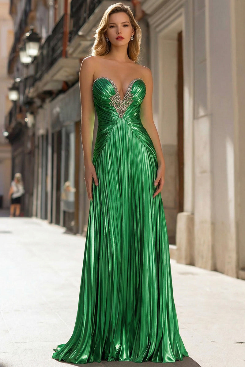 Load image into Gallery viewer, Sparkly Gold Metallic Sheath Pleated Long Prom Dress with Beading