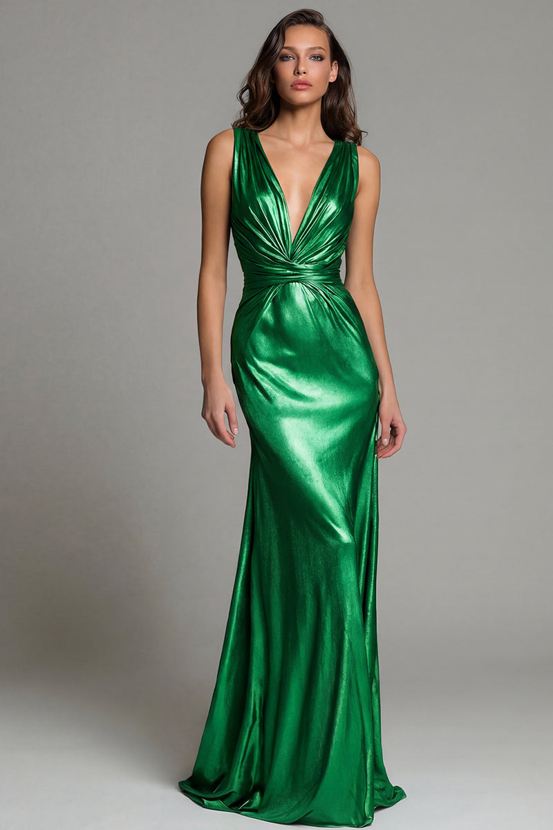 Load image into Gallery viewer, Sparkly Gold Mermaid Metallic Deep V-Neck Long Formal Dress