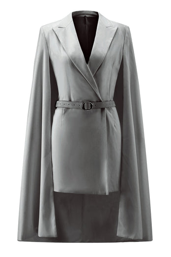 White Satin Bodycon Peak Lapel Short Work Blazer Dress with Cape