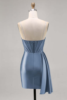 Sparkly Grey Blue Satin Short Corset Homecoming Dress with Beading