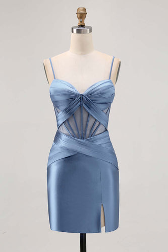 Grey Blue Satin Corset Ruched Tight Short Homecoming Dress with Slit