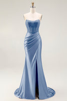 Load image into Gallery viewer, Sparkly Blush Strapless Ruched Mermaid Satin Long Prom Dress with Slit