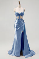 Load image into Gallery viewer, Sparkly Champagne Mermaid Spaghetti Straps Ruched Long Prom Dress with Beading