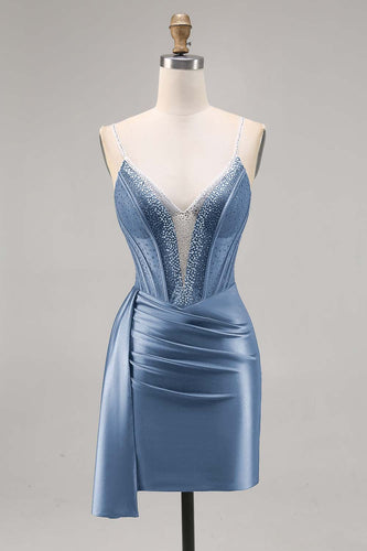Sparkly Grey Blue Satin Short Corset Homecoming Dress with Beading