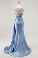 Load image into Gallery viewer, Sparkly Champagne Mermaid Spaghetti Straps Ruched Long Prom Dress with Beading