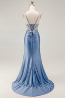 Load image into Gallery viewer, Sparkly Grey Pink Satin Mermaid Ruched Long Corset Prom Dress with Slit