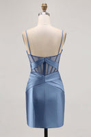 Load image into Gallery viewer, Grey Blue Satin Corset Ruched Tight Short Homecoming Dress with Slit