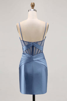 Grey Blue Satin Corset Ruched Tight Short Homecoming Dress with Slit