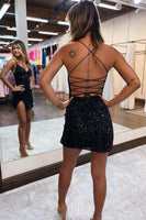 Load image into Gallery viewer, Hot Pink Corset Back Sequin Short Homecoming Dress With Slit