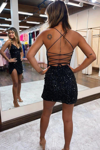 Hot Pink Corset Back Sequin Short Homecoming Dress With Slit