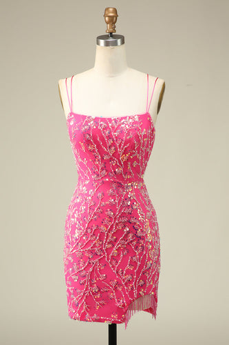 Elegant Fuchsia Spaghetti Straps Bodycon Homecoming Dress with Tassel