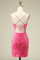 Load image into Gallery viewer, Elegant Fuchsia Spaghetti Straps Bodycon Homecoming Dress with Tassel