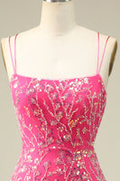 Load image into Gallery viewer, Elegant Fuchsia Spaghetti Straps Bodycon Homecoming Dress with Tassel
