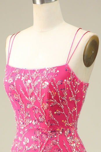 Elegant Fuchsia Spaghetti Straps Bodycon Homecoming Dress with Tassel