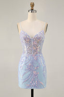 Load image into Gallery viewer, Sparkly Blue Sequins Short Corset Homecoming Dress with Lace