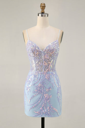 Sparkly Blue Sequins Short Corset Homecoming Dress with Lace