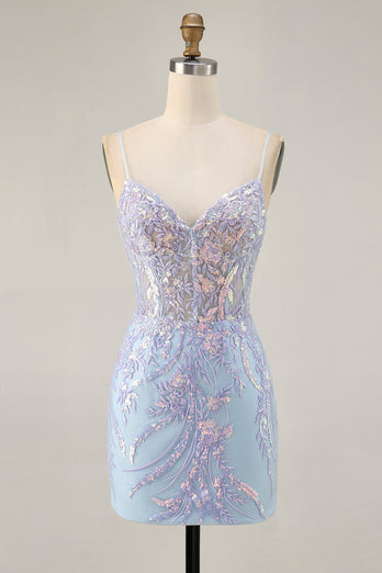 Sparkly Blue Sequins Short Corset Homecoming Dress with Lace