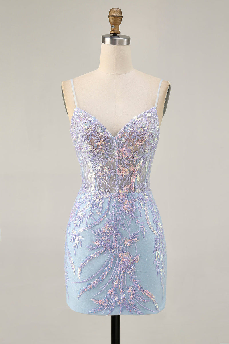Load image into Gallery viewer, Sparkly Blue Sequins Short Corset Homecoming Dress with Lace