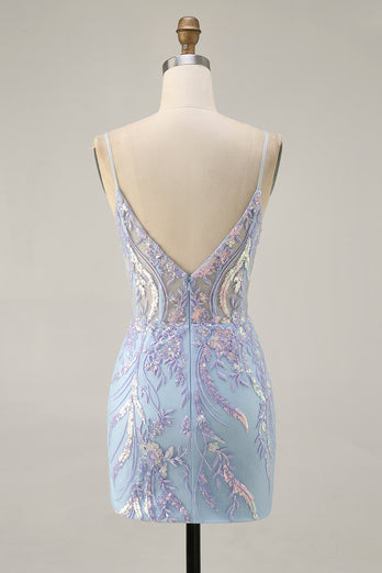 Sparkly Blue Sequins Short Corset Homecoming Dress with Lace
