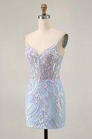 Load image into Gallery viewer, Sparkly Blue Sequins Short Corset Homecoming Dress with Lace