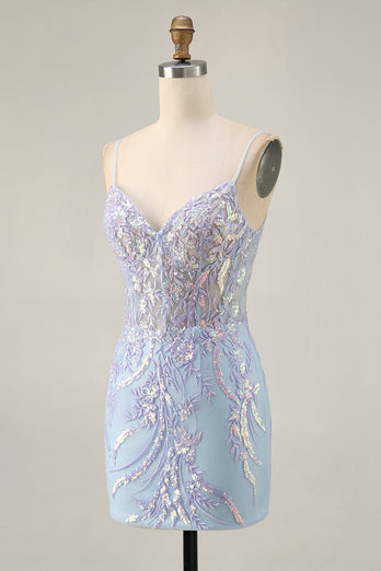 Sparkly Blue Sequins Short Corset Homecoming Dress with Lace