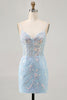 Load image into Gallery viewer, Sparkly Light Blue Corset Short Tight Homecoming Dress with Lace