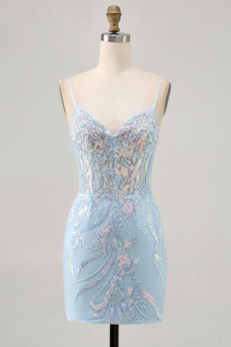 Sparkly Light Blue Corset Short Tight Homecoming Dress with Lace
