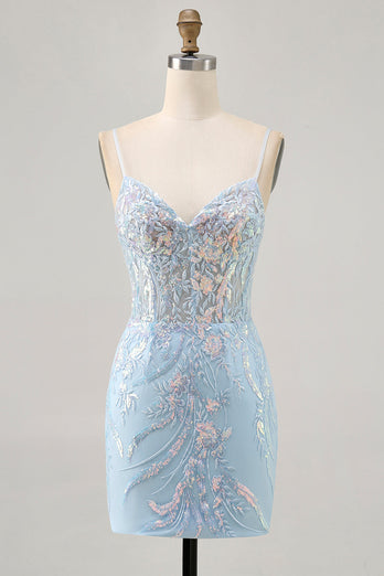 Sparkly Light Blue Corset Short Tight Homecoming Dress with Lace